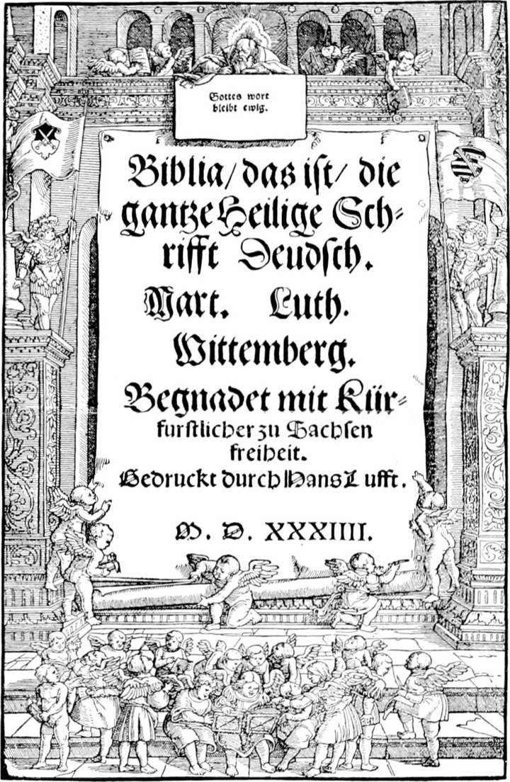 Portada grabada de la Biblia completa de Lutero, con letras góticas y figuras.
